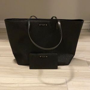 Kate Spade Black Glitter Zipper Top Tote & Wallet